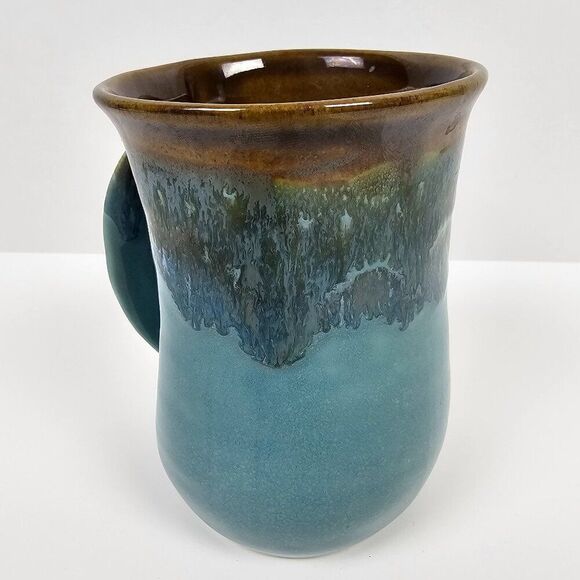 NEHER Pottery LEFT Handed Hand Warmer Mug Ocean Blues Drip Glaze Signed 2013 - Picture 1 of 10